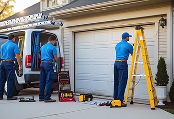 Professional garage door technicians loading tools and parts from a service van, preparing for a repair at a Forest Hills, NY home.