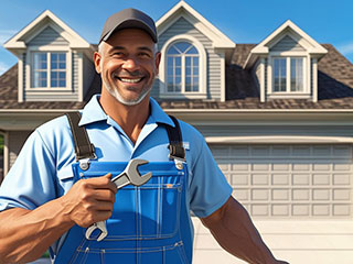 Technician Performing Comprehensive Garage Door Maintenance in Forest Hills, NY Professional inspecting and lubricating garage door hardware in a Forest Hills, NY garage, with tools and safety gear for thorough maintenance.