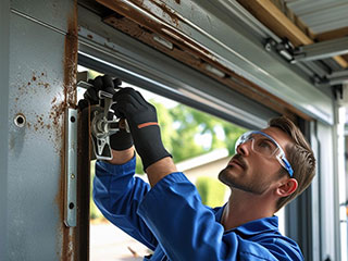 Certified Technician Performing Garage Door Repair in Forest Hills, NY A professional technician repairing a garage door system inside a Forest Hills, NY garage, demonstrating expert handling of tracks and cables.