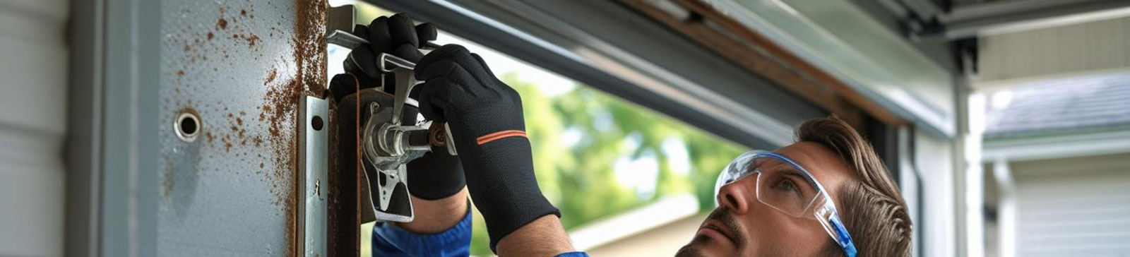 A professional technician repairing a garage door system inside a Forest Hills, NY garage, demonstrating expert handling of tracks and cables.