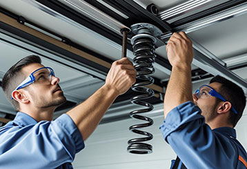 Technicians installing a garage door torsion spring in a Forest Hills garage, using specialized tools for safe and accurate service.