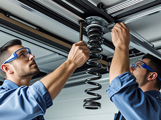 Professional Garage Door Spring Repair in Forest Hills, NY Technicians installing a garage door torsion spring in a Forest Hills garage, using specialized tools for safe and accurate service.