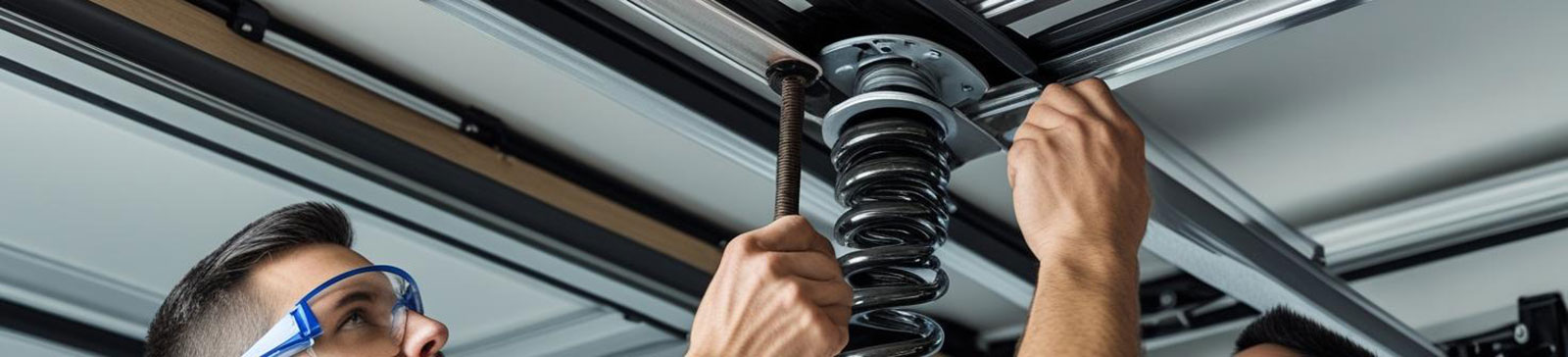Technicians installing a garage door torsion spring in a Forest Hills garage, using specialized tools for safe and accurate service.