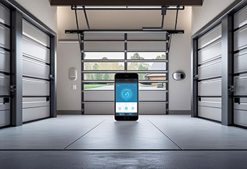 A sleek, modern garage in Forest Hills, NY, equipped with 2025’s latest smart automation and security features, shown via a smartphone app interface.