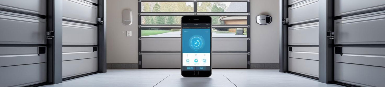 A sleek, modern garage in Forest Hills, NY, equipped with 2025’s latest smart automation and security features, shown via a smartphone app interface.