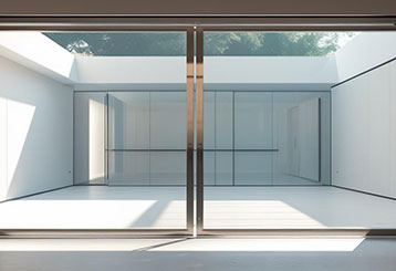 Sleek modern glass garage door with aluminum framing, letting in natural light to a stylish Forest Hills, NY home.