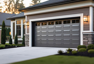 Technician servicing a modern overhead garage door on a suburban Forest Hills, NY property, ensuring safe and reliable door operation.