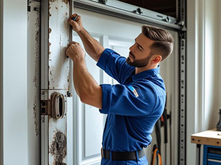 Tech Performing Garage Door Repair in Forest Hills, NY A garage door repair technician tightening hardware and inspecting garage parts in a bright, organized Forest Hills, NY home workshop.