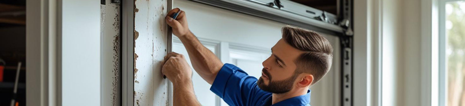 A garage door repair technician tightening hardware and inspecting garage parts in a bright, organized Forest Hills, NY home workshop.